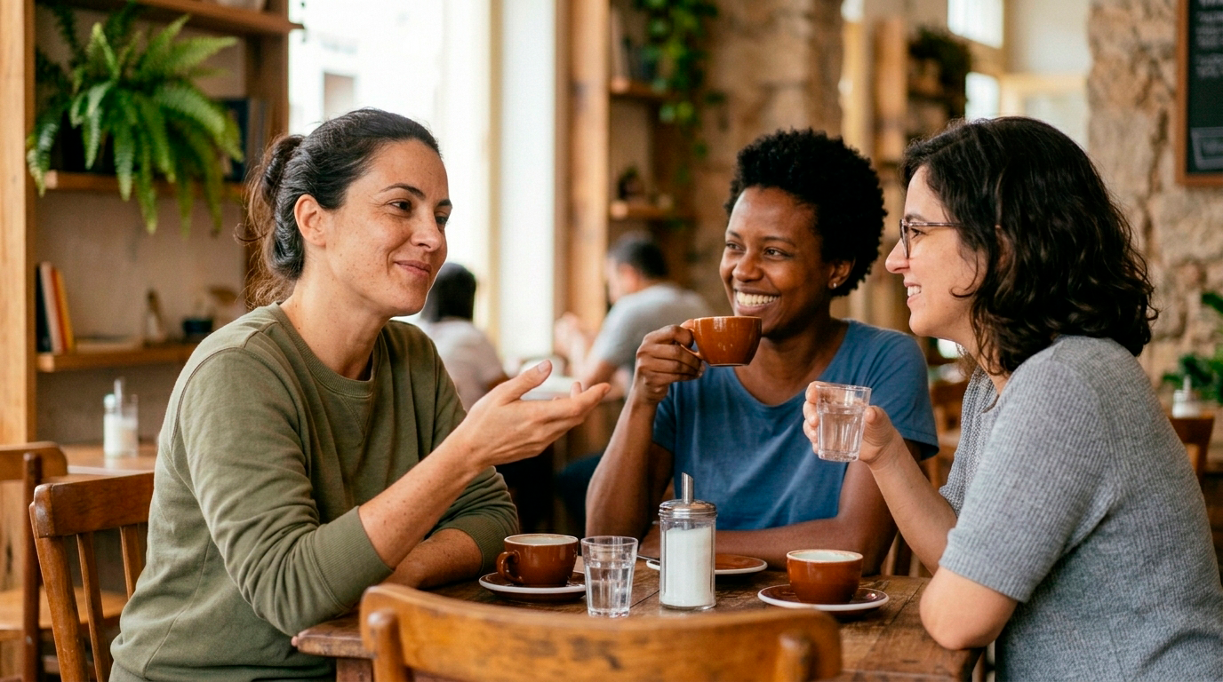 Mulheres conversando em um café acolhedor
